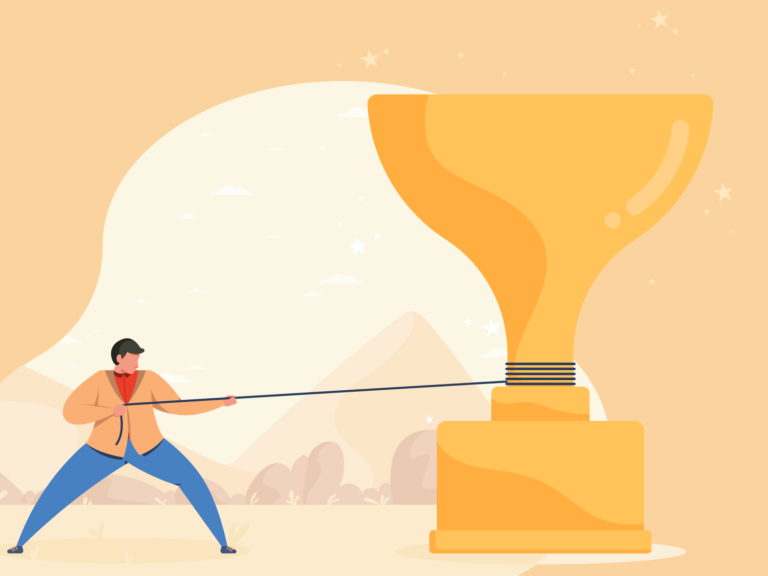 Illustration of a person pulling a large trophy symbolising goal setting and achievement