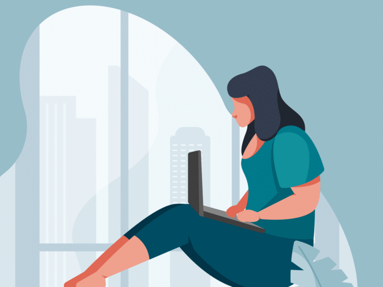 Illustration of a woman sitting with a laptop looking tense representing stress and anxiety in daily life