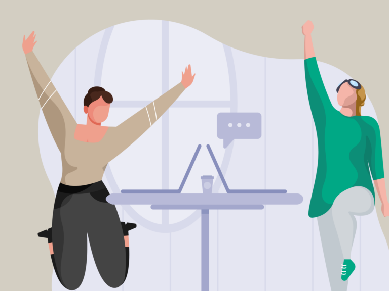 two people at a workdesk having a good work relationship