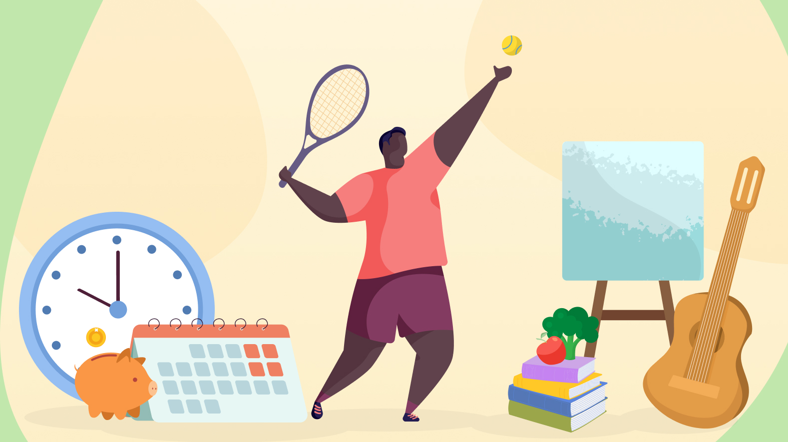 Illustration einer Person, die Tennis spielt, umgeben von einer Uhr, einem Kalender, einem Sparschwein, einer Staffelei, einer Gitarre, Büchern und Gemüse, als Symbol für Neue Gewohnheiten und Zeitmanagement durch verschiedene tägliche Aktivitäten.