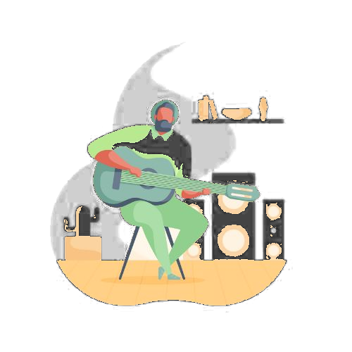 Illustratie van een persoon met een baard, zittend op een kruk en spelend op een akoestische gitaar, omringd door planken, luidsprekers en een cactus in pot. Het zachte pastelkleurenpalet weerspiegelt de kalme, reflectieve stemming van de Mental Health Awareness Week.