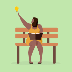 Illustration einer Frau, die auf einer Bank sitzt, ein Buch liest und eine Hand hebt, um eine leuchtende Glühbirne über ihr zu berühren, als Symbol für eine Idee oder Inspiration. Der Hintergrund ist hellgrün.