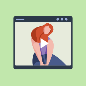 Illustration eines Videoplayer-Fensters, in dem eine Frau mit langen roten Haaren und einem lila Outfit sitzt, mit einem Play-Button-Symbol über ihr. Der Hintergrund ist hellgrün.