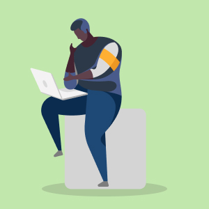 Illustration einer Person, die auf einem grauen Block sitzt, einen Laptop hält und nachdenklich wirkt, mit einem hellgrünen Hintergrund.