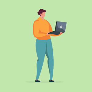 Illustration einer Person mit kurzen Haaren, die ein orangefarbenes Oberteil und eine blaugrüne Hose trägt, steht und einen offenen Laptop hält. Der Hintergrund ist hellgrün.