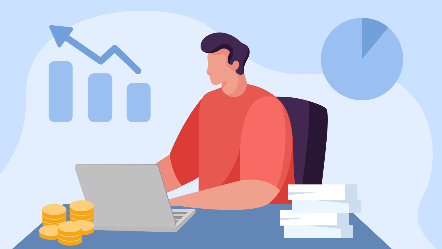 Illustration einer Person, die an einem Laptop arbeitet, mit Stapeln von Münzen und Papier auf dem Schreibtisch, einem Balkendiagramm mit einem Aufwärtspfeil und einem Tortendiagramm im Hintergrund, als Symbol für Finanzen oder Unternehmensanalyse.