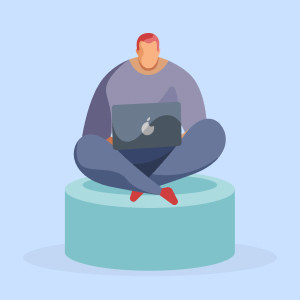 Illustration einer Person mit kurzen Haaren, die im Schneidersitz auf einer runden Plattform sitzt und einen Laptop mit einem Apfel-Logo vor einem hellblauen Hintergrund benutzt.