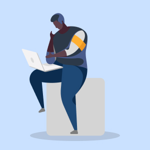 Illustration einer Person, die auf einem Block sitzt, einen Laptop in der Hand hält und ihr Kinn auf die Hand stützt, um scheinbar tief nachzudenken. Der Hintergrund ist hellblau.