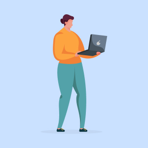 Illustration einer Person mit kurzen Haaren, die ein orangefarbenes Oberteil und eine grüne Hose trägt, einen offenen Laptop hält und auf einem hellblauen Hintergrund steht.