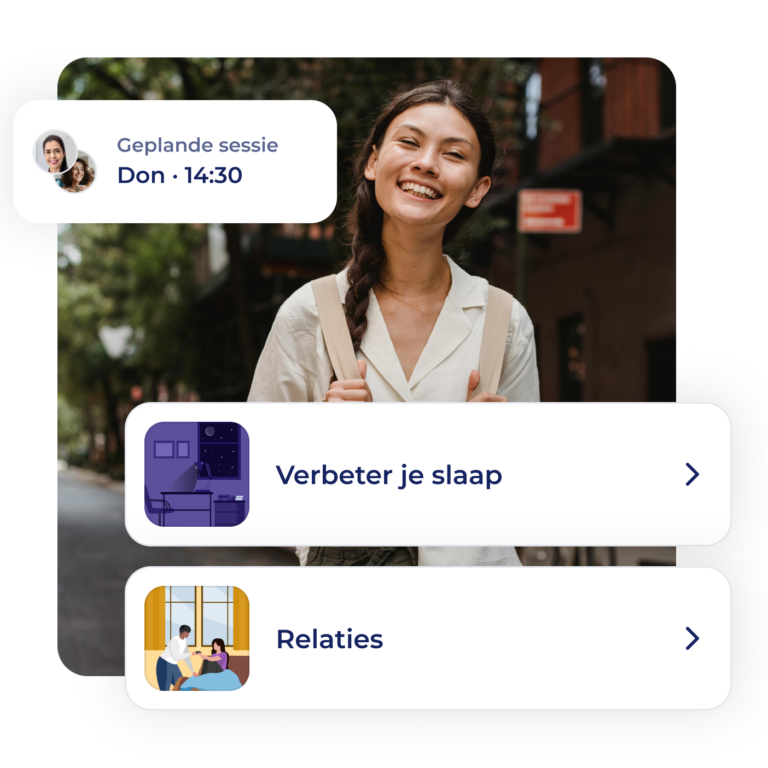 Een lachende jonge vrouw staat buiten. Daaroverheen staan interface-elementen van de app in het Nederlands: een geplande sessie om 14:30 met Don, en twee knoppen met het label Verbeter je slaap en Relaties met illustraties.