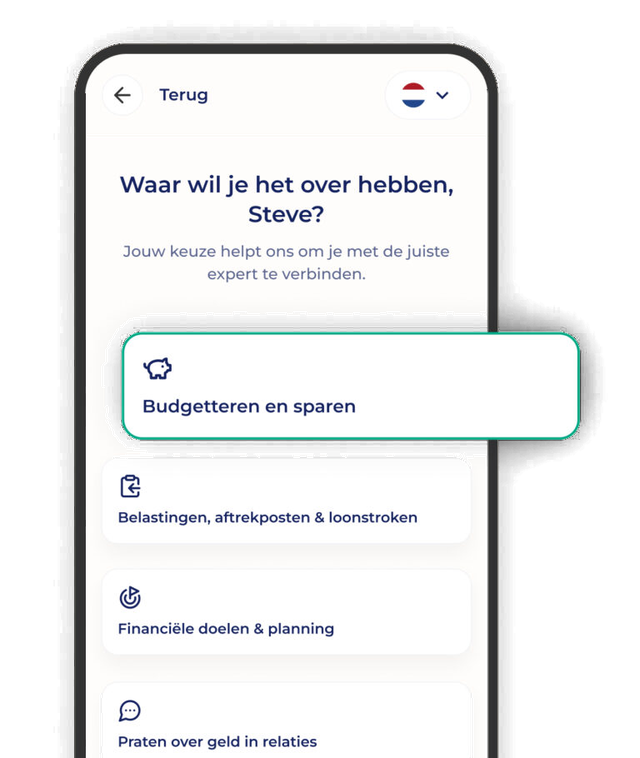 Een smartphonescherm toont een Nederlandse app die de gebruiker, Steve, vraagt over welk onderwerp ze willen praten, met opties als Budgetteren en sparen gemarkeerd.