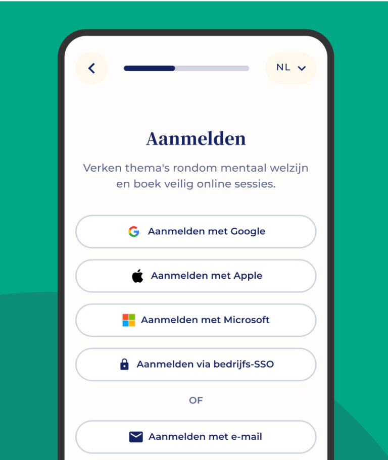 Een smartphonescherm toont een inlogpagina in het Nederlands met opties om in te loggen via Google, Apple, Microsoft, SSO van het bedrijf of e-mail. De titel Aanmelden en korte instructies worden boven de knoppen weergegeven.