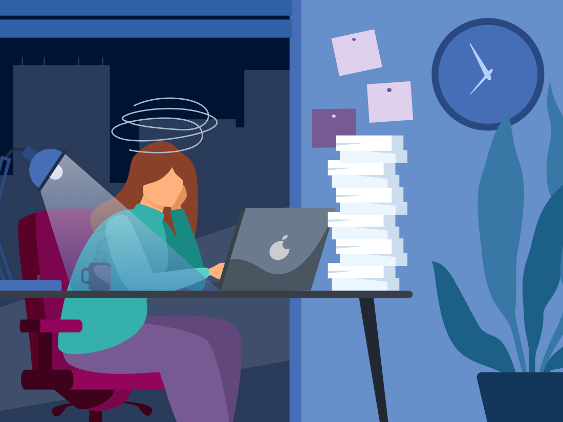 An overwhelmed woman sits at a desk at night, head in hand, with a tall stack of papers, a laptop, and a coffee mug beside her. Spiral lines above her head indicate stress or frustration.