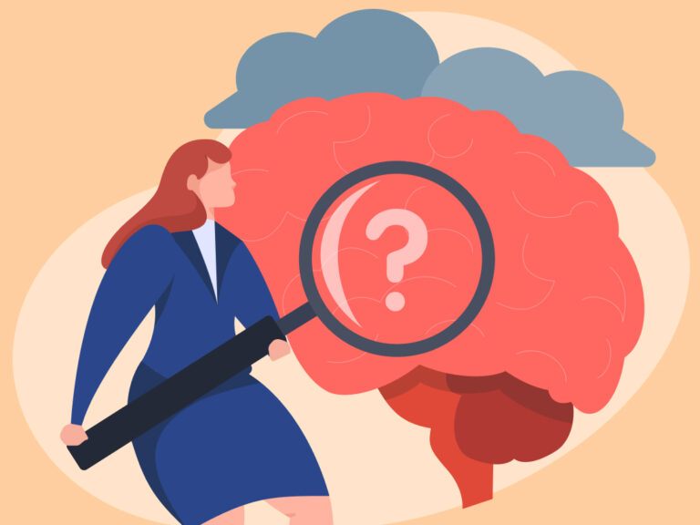 Illustratie van een vrouw in een blauw pak met een groot vergrootglas met een vraagteken, die een gigantisch brein onderzoekt met twee wolken erboven, symbool voor nieuwsgierigheid of mentale exploratie.