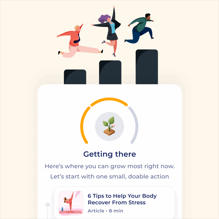 Three illustrated people joyfully leap over rising bars above a card showing a plant icon, progress circle, and text: Getting there, with a suggestion to take small actions in self-directed learning and a link to an article about stress recovery.