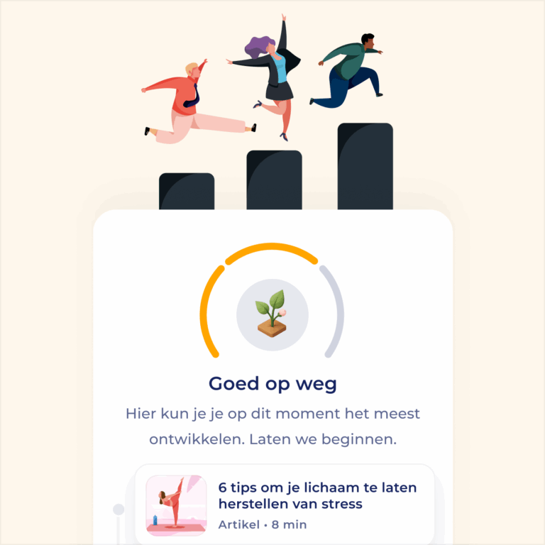 Illustratie van drie mensen die vrolijk over opgaande balken springen, symbool voor vooruitgang. Daaronder een vooruitgangscirkel, een plantenicoon en Nederlandse tekst over Zelfstandig Leren en tips voor herstel van stress en zelfontplooiing.