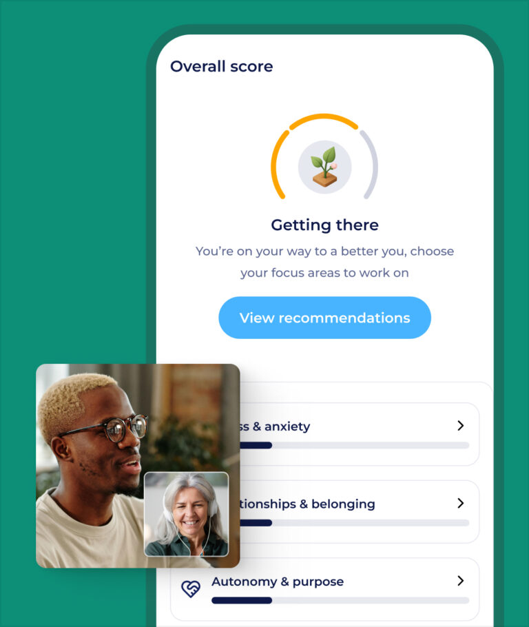 A smartphone screen displays a wellness app showing an overall score with the status Getting there, supporting self-directed learning. A button says View recommendations, while a video call window shows two people talking in the bottom left corner.