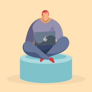 Illustration of a person with short hair sitting cross-legged on a blue circular platform, using a laptop with an apple logo. The background is a light beige color.