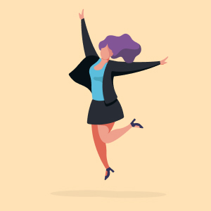 Illustration of a woman with purple hair wearing a black blazer, blue top, and black skirt, jumping joyfully with arms raised and one leg bent, on a light beige background.