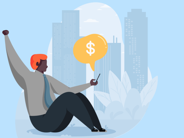 Illustratie van een persoon in zakelijke kleding die op de grond zit en een telefoon vasthoudt met een tekstballon die een dollarteken weergeeft, met hoge stadsgebouwen op de achtergrond.