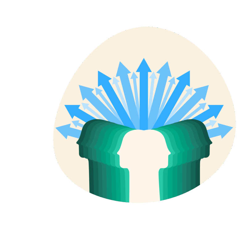Illustratie van overlappende silhouetten van menselijke hoofden in groen, met de gezichten in tegenovergestelde richtingen, met meerdere blauwe pijlen die vanuit het midden omhoog en naar buiten stralen, als symbool voor ideeën of groei.