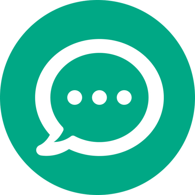 Een witte tekstballon met drie stippen erin, gecentreerd op een groene cirkelvormige achtergrond.