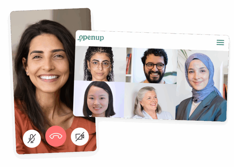 Ein geteiltes Bild zeigt eine lächelnde Frau auf dem Bildschirm eines Videoanrufs und einen Gruppen-Videoanruf mit sechs verschiedenen Personen, darunter Männer und Frauen, die jeweils in einem eigenen Fenster an einem Online-Gesundheitsberatungstreffen teilnehmen.