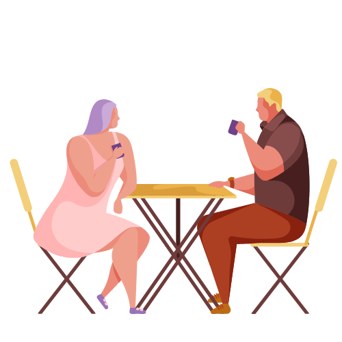 Twee collega’s zitten aan een tafel, drinken koffie en praten ontspannen met elkaar — een moment van verbinding en werkplezier.