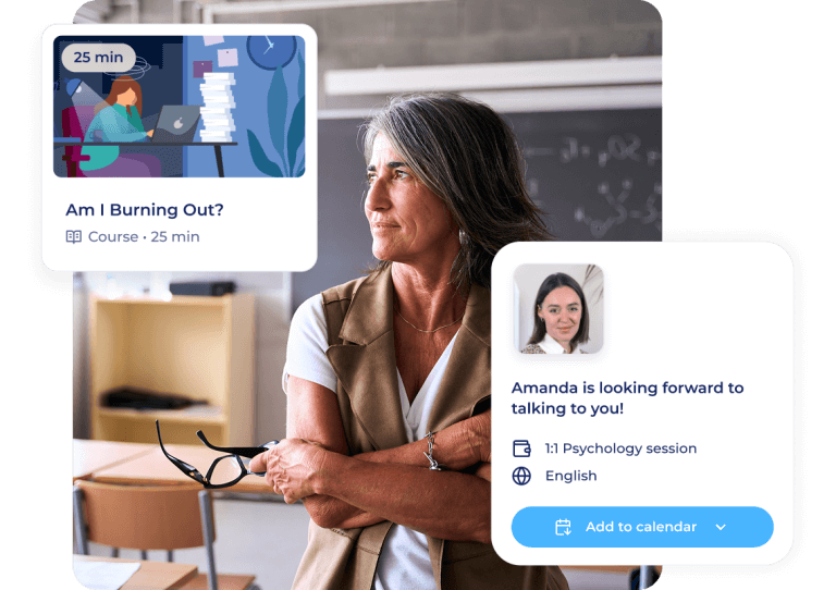 A female teacher with gray hair stands with folded arms in a class setting. Overlaid are graphics for a Burnout course and a message from Amanda about a scheduled 1:1 psychology session in English.