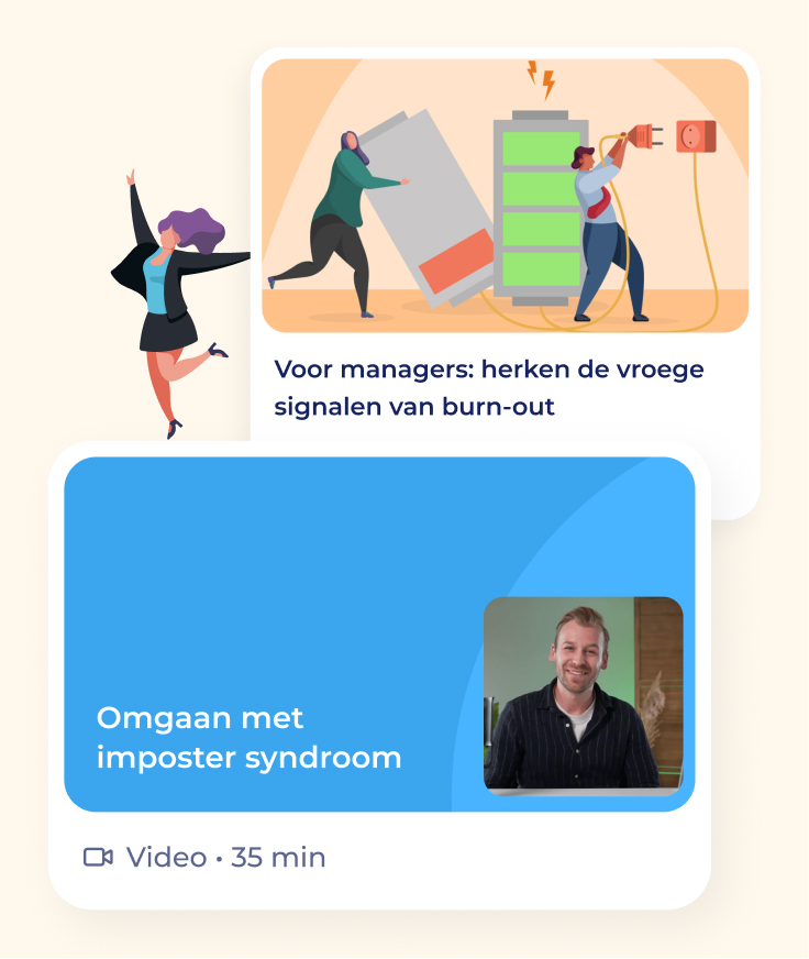 Twee geïllustreerde kaarten: de ene toont mensen die worstelen met een grote batterij en documenten, gelabeld "Voor managers: herken de vroege signalen van burn-out"; de andere toont een lachende man, gelabeld "Omgaan met bedriegersyndroom.