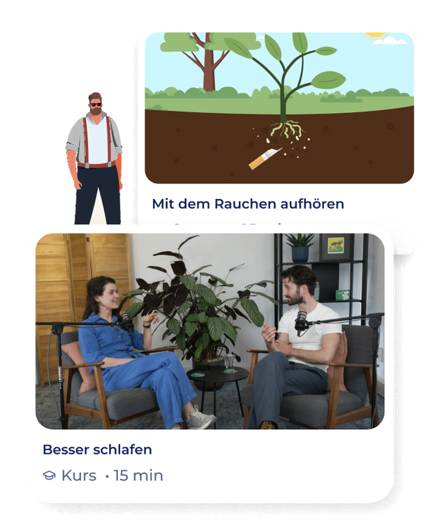 Ein Mann und eine Frau sitzen auf Stühlen und unterhalten sich neben einer großen Topfpflanze. Oben zeigt eine Illustration eine Zigarette, die aus den Wurzeln einer Pflanze gezogen wird, mit dem Text Mit dem Rauchen aufhören - ideal für diejenigen im Baugewerbe, die gesündere Gewohnheiten anstreben.