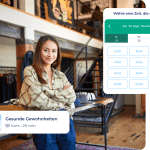 Een jonge medewerkster in de einzelhandel leeft met verschillende armen in een stilvollen, moderne loft. Overlays zeigen den Kurs Gesunde Gewohnheiten und eine deutsche Terminplanungsoberfläche mit wählbaren Zeiten.