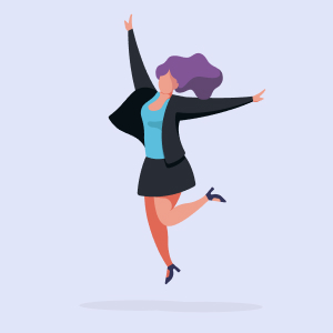 Illustratie van een vrouw met paars haar die een groenblauwe top, zwarte blazer en zwarte rok draagt, vrolijk springend met opgeheven armen en een gebogen been tegen een lichtpaarse achtergrond.