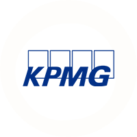 KPMG logo featuring the company name in blue capital letters with four blue outlined rectangles above the text on a white background.