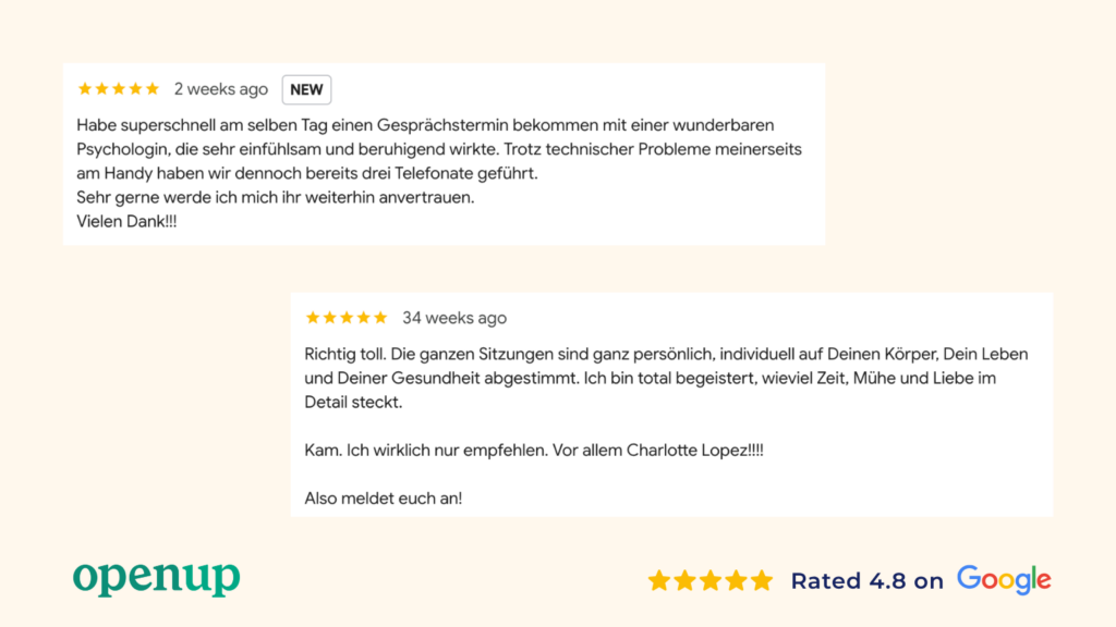 Eine Grafik mit zwei deutschen Kundenbewertungen, in denen die psychologische Beratung eines führenden EAP-Anbieters gelobt wird, mit Sternbewertungen, dem OpenUp-Logo und einem Badge mit der Aufschrift „4,8 bei Google“ und gelben Sternen. Die Bewertungen heben positive Erfahrungen und Dankbarkeit hervor.