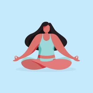 Illustration of a woman with long dark hair sitting cross-legged in a meditation pose, wearing a light blue tank top and shorts, against a light blue background.