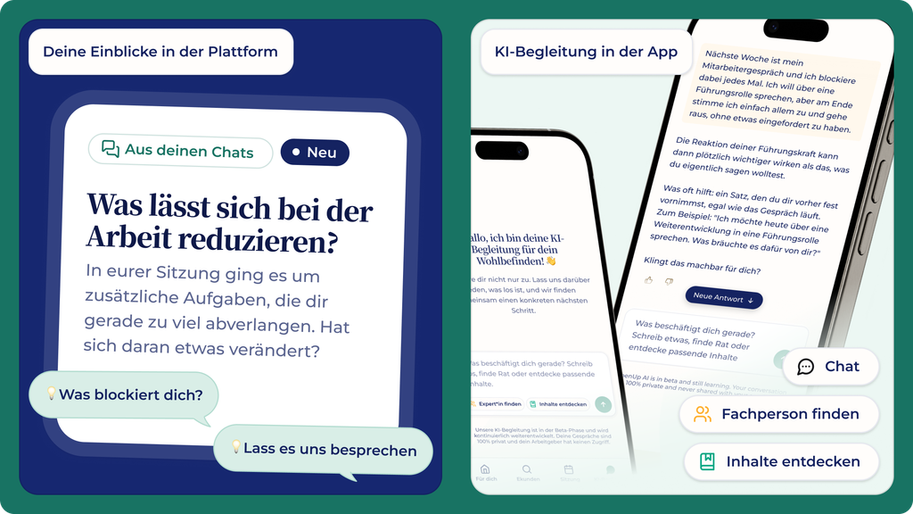 Zwei Bilder zeigen eine deutschsprachige App zum Thema psychische Gesundheit. Das linke Bild befasst sich mit der Reduzierung der Arbeitsbelastung und zeigt Schaltflächen sowie Sprechblasen. Das rechte Bild zeigt App-Bildschirme auf zwei Smartphones, auf denen KI-gestützte Unterstützungs- und Benutzerführungsfunktionen zu sehen sind.