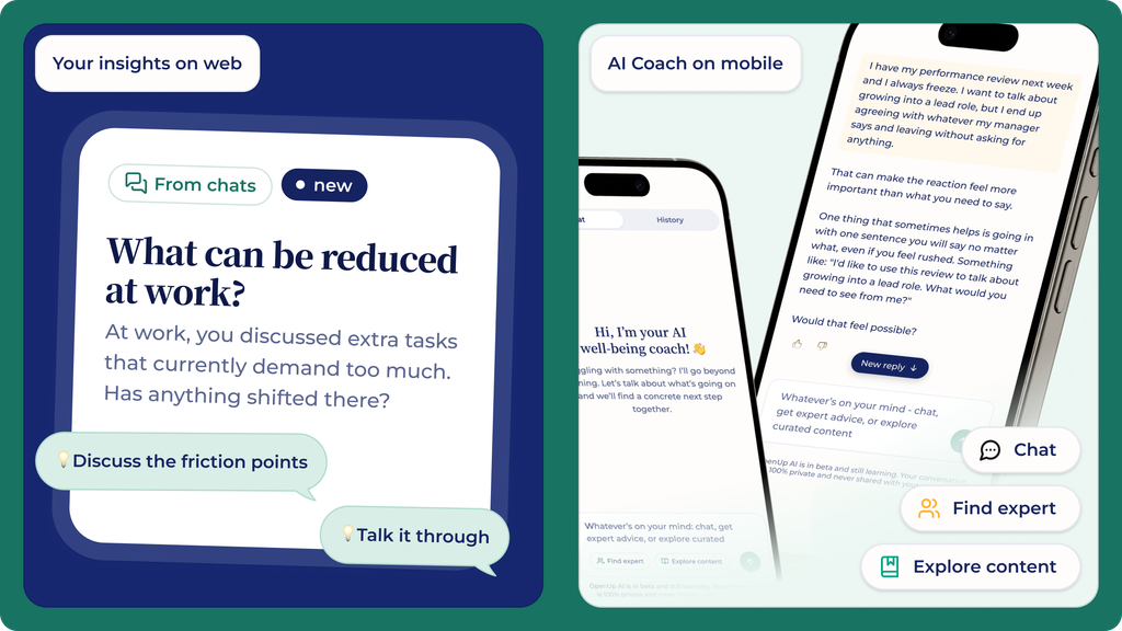 A split image showing web and mobile interfaces discussing reducing workload at work; features include chat options, suggestions, and an AI Coach on a phone screen.