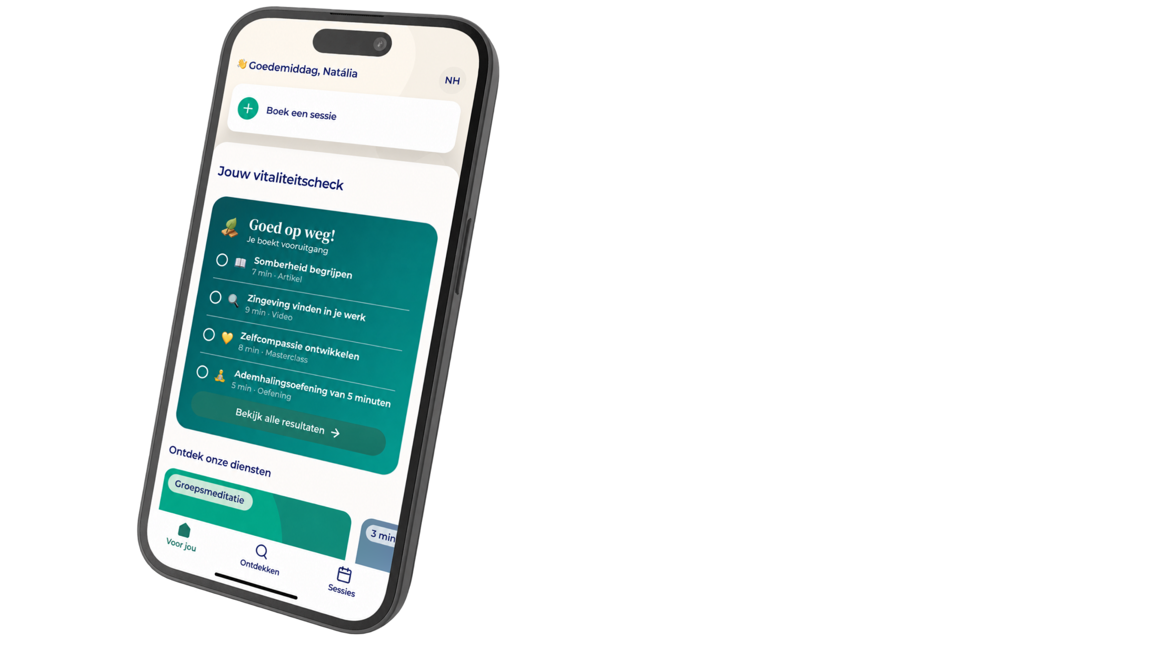 A smartphone screen displays a health or wellness app in Dutch, showing a progress checklist, a session booking option, and navigation buttons for main features against a white background.