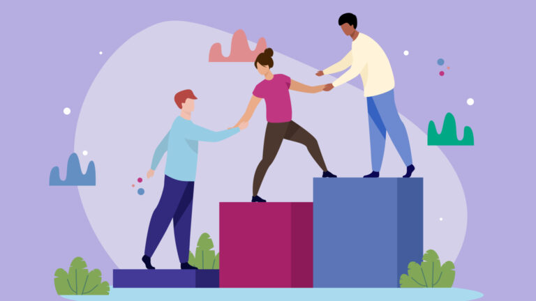 Three people help each other climb large colored blocks, symbolizing teamwork, support, and collaboration. The background is purple with abstract shapes and green plants.