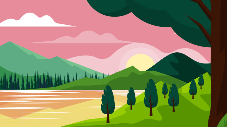 Illustration of a landscape with green hills, scattered trees, a lake, pine forest, distant mountains, and a pink sky with clouds and a setting sun in the background.