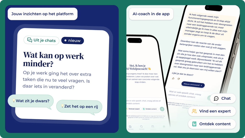 Screenshot van een Nederlands digitaal platform en een app met chatfuncties, vragen over werkstress en een AI-coach. In tekstballonnen en op twee smartphones zijn gesprekken en coachingsadviezen te zien.