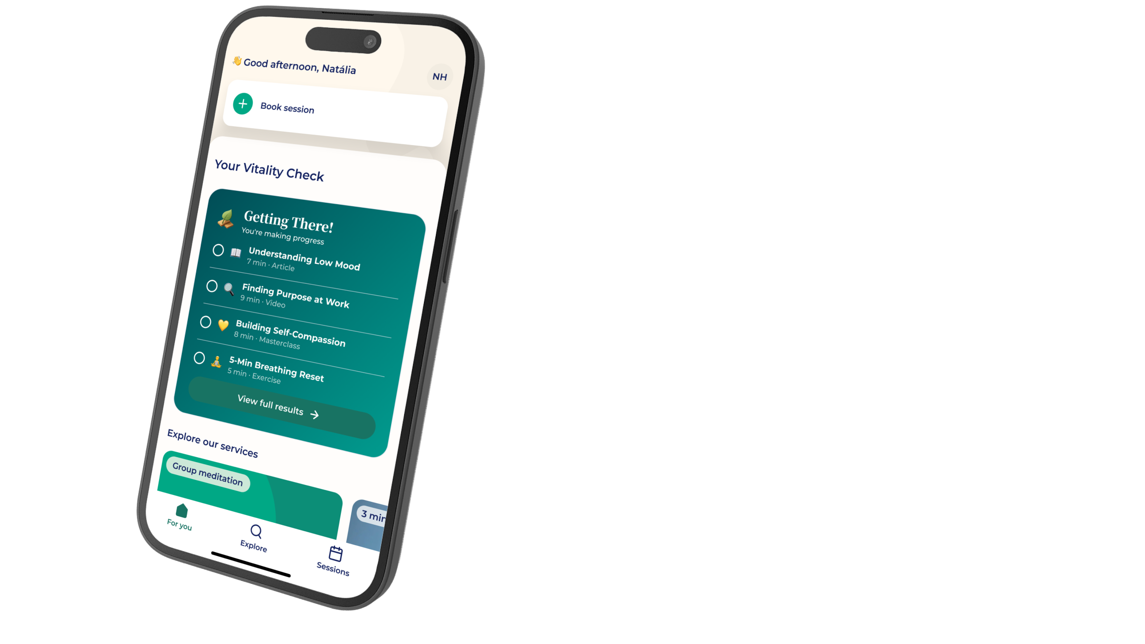 A smartphone displays a wellness app dashboard with session options, progress indicators, and tabs for programs, services, and groups. The screen is tilted on a light background.