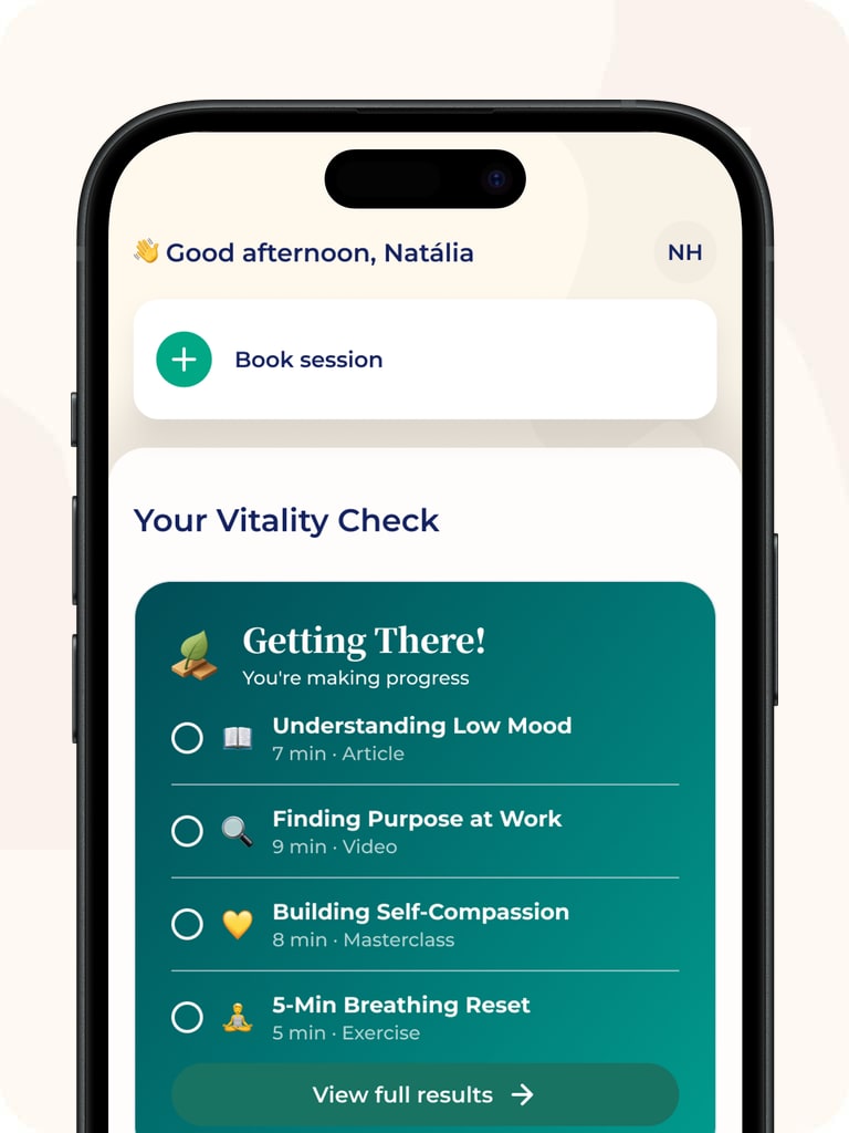 A smartphone shows the OpenUp app home screen with the Vitality Check: the status Getting There and four recommended items, including an article, a video, a masterclass and a breathing exercise.