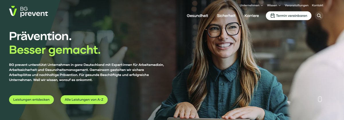 Startseite von BG prevent mit dem Slogan „Prävention. Besser gemacht.“
