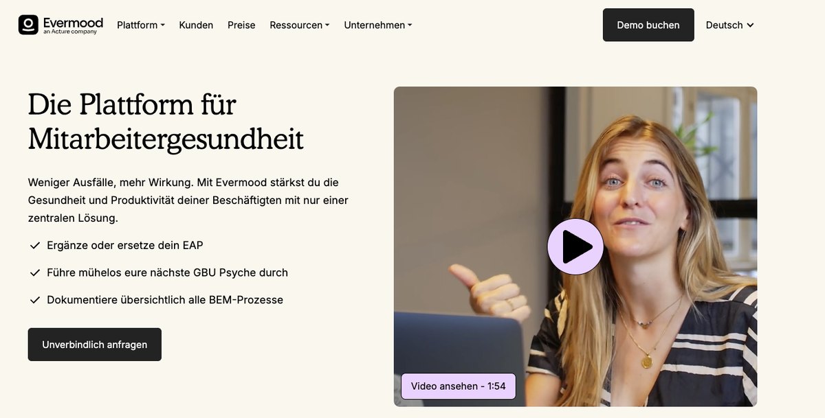 Startseite von Evermood, der Plattform für Mitarbeitergesundheit