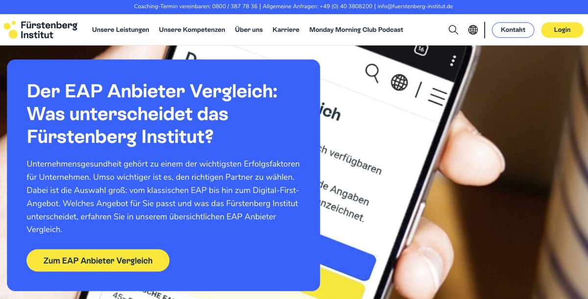 Startseite des Fürstenberg Instituts mit einem Hinweis auf den eigenen EAP-Anbieter-Vergleich