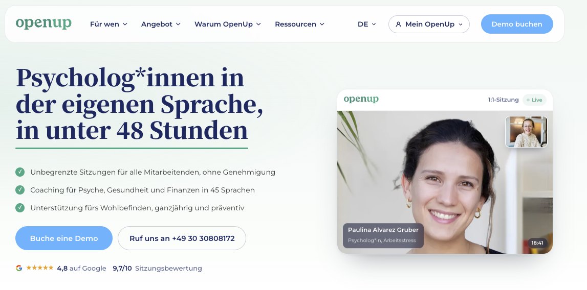 Startseite von OpenUp mit dem Versprechen, in unter 48 Stunden mit Psycholog*innen in der eigenen Sprache zu sprechen