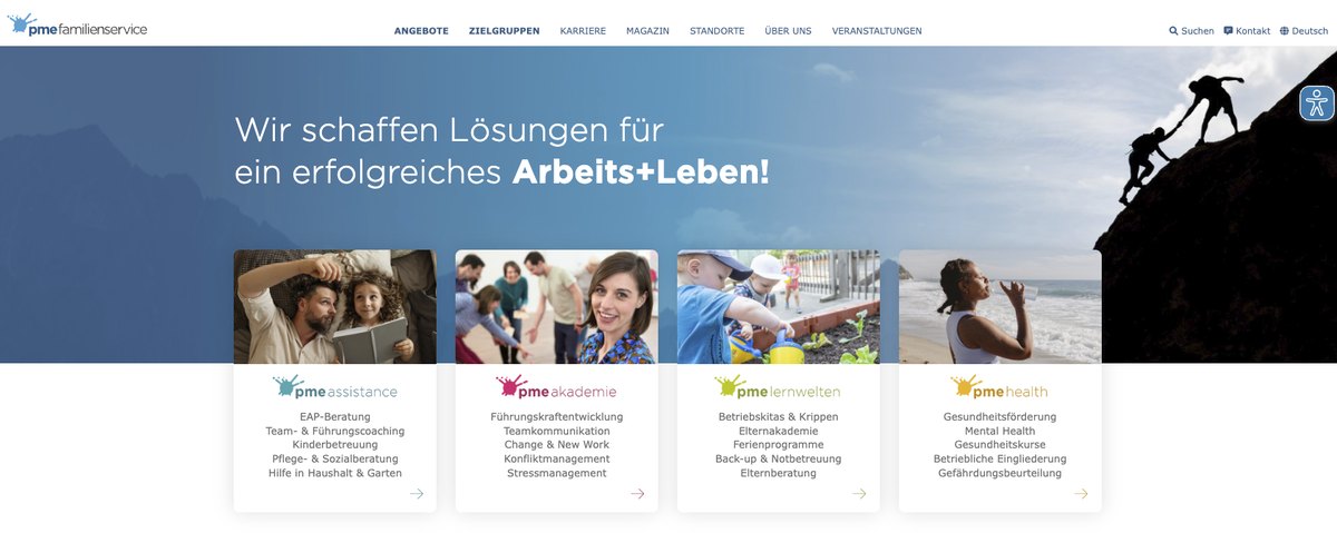 Startseite von pme Familienservice mit den Bereichen assistance, akademie, lebenswelten und health