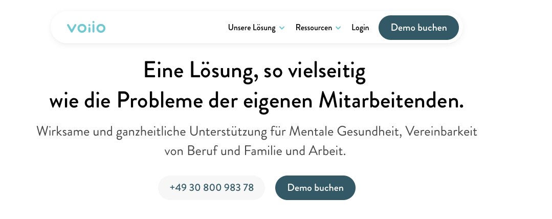 Startseite von Voiio mit dem Angebot für mentale Gesundheit, Vereinbarkeit von Beruf und Familie und Arbeit